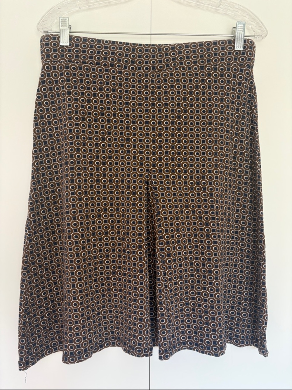 Boden jersey skirt with a brown and blue patterned design 12R